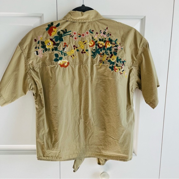 Madewell Tie Front Embroidered Back Khaki Button-up, Size S - Picture 3 of 6